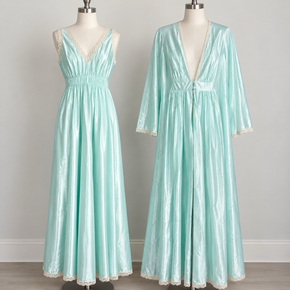 Prova Nightgown & Peignoir Robe Aqua Blue Nylon Lace Trim Long Bust 34"-36" S-M